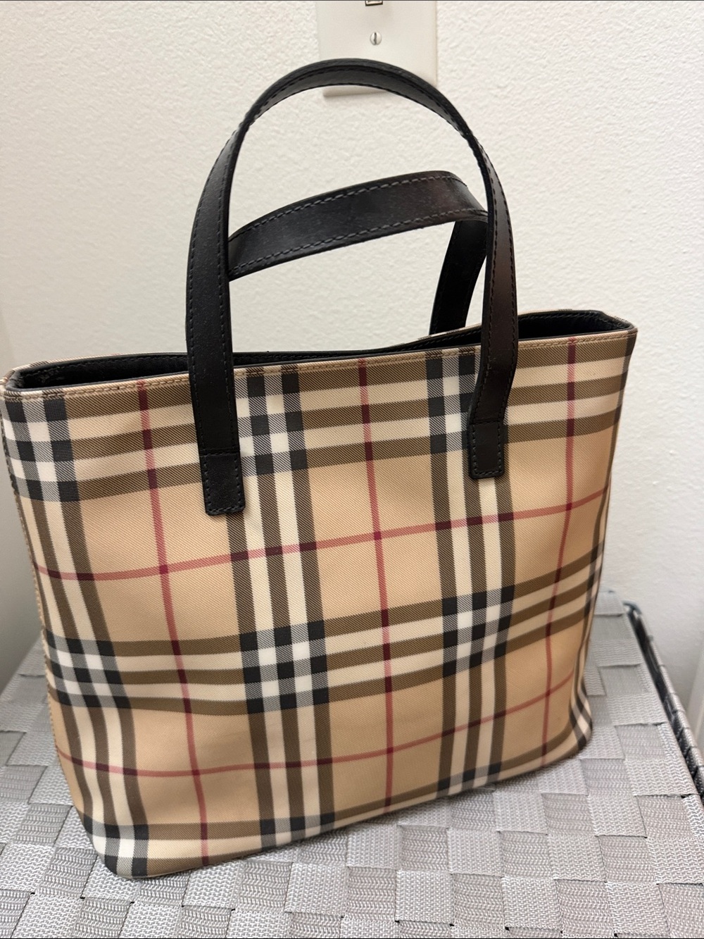 Burberry Classic Plaid Tote Bag with Black Handles